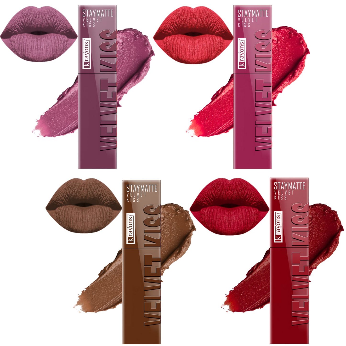 Krayons Velvet Kiss Liquid Lipstick |12hrs long stay|Intense Color Payoff | Weightless Matte Finish | Smudgeproof & Transferproof Lipstick for Women,Lipstick Combo Pack| Orchid Love,Peach Pink,Caramel Candy,Ruby Red,14ml- PACK OF 4