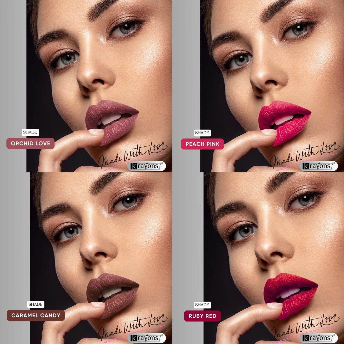 Krayons Velvet Kiss Liquid Lipstick |12hrs long stay|Intense Color Payoff | Weightless Matte Finish | Smudgeproof & Transferproof Lipstick for Women,Lipstick Combo Pack| Orchid Love,Peach Pink,Caramel Candy,Ruby Red,14ml- PACK OF 4