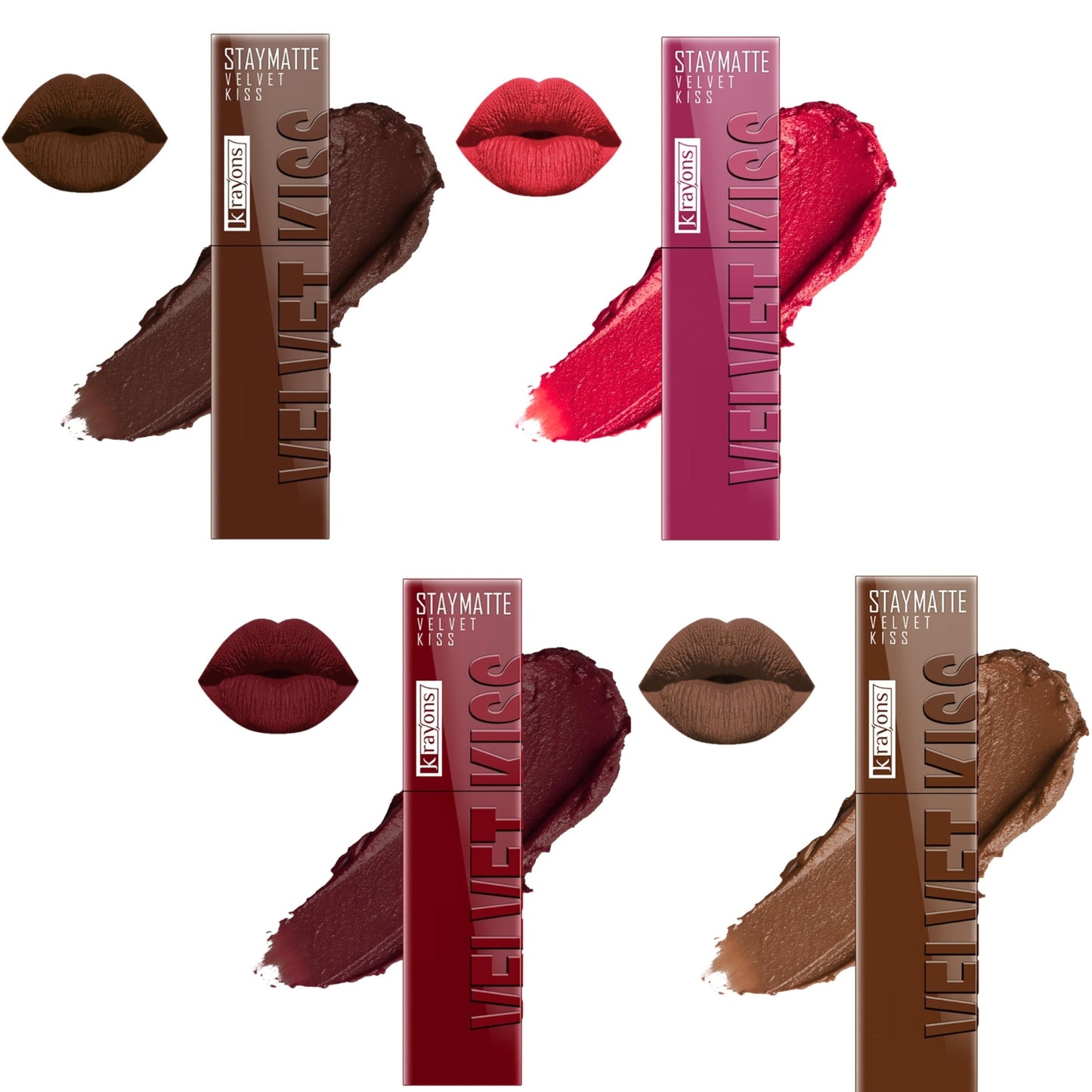 Krayons Velvet Kiss Liquid Lipstick |12hrs long stay|Intense Color Payoff | Weightless Matte Finish | Smudgeproof & Transferproof Lipstick for Women,Lipstick Combo Pack| Dark Chocolate,Peach Pink,Wow Maroon,Caramel Candy,14ml- PACK OF 4