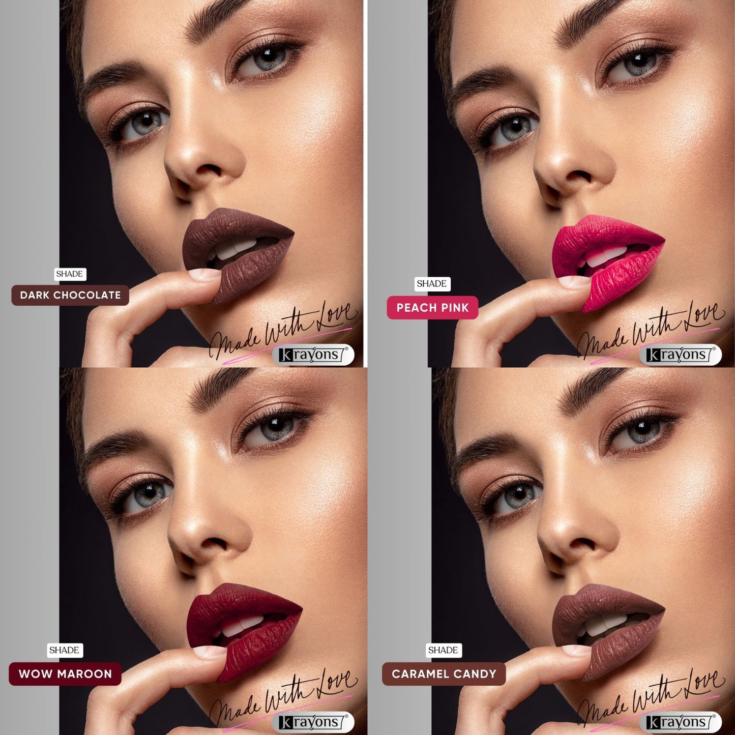 Krayons Velvet Kiss Liquid Lipstick |12hrs long stay|Intense Color Payoff | Weightless Matte Finish | Smudgeproof & Transferproof Lipstick for Women,Lipstick Combo Pack| Dark Chocolate,Peach Pink,Wow Maroon,Caramel Candy,14ml- PACK OF 4
