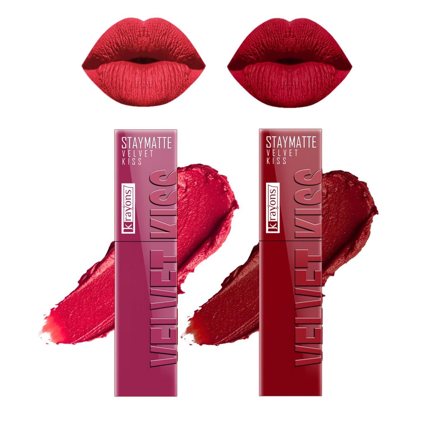 Krayons Velvet Kiss Liquid Lipstick |12hrs long stay|Intense Color Payoff | Weightless Matte Finish | Smudgeproof & Transferproof Lipstick for Women,Lipstick Combo Pack| Wow Maroon,Ruby Red.7 ml- PACK OF 2