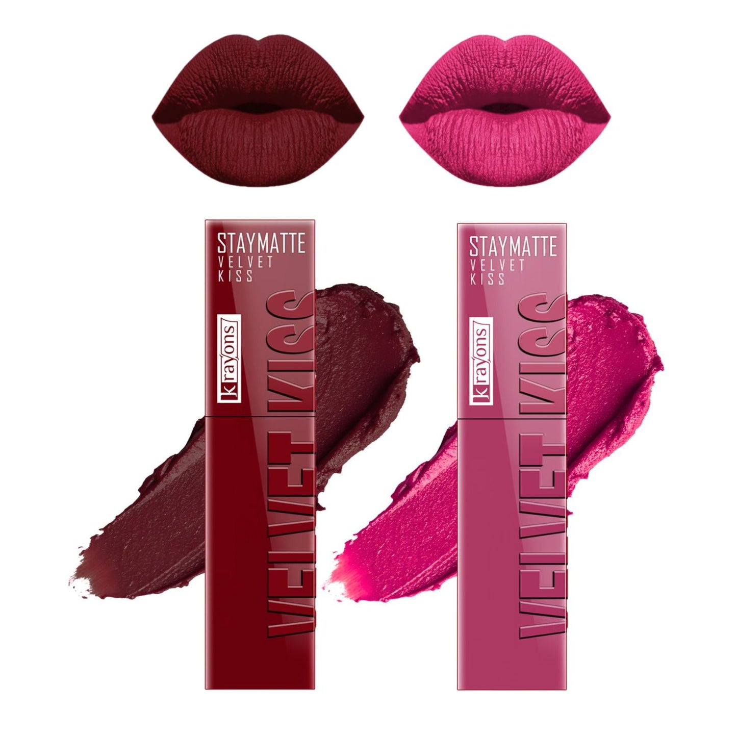 Krayons Velvet Kiss Liquid Lipstick |12hrs long stay|Intense Color Payoff | Weightless Matte Finish | Smudgeproof & Transferproof Lipstick for Women,Lipstick Combo Pack| Wow Maroon,Pink Punch,7 ml- PACK OF 2