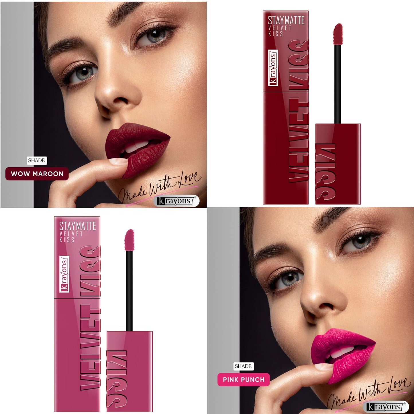 Krayons Velvet Kiss Liquid Lipstick |12hrs long stay|Intense Color Payoff | Weightless Matte Finish | Smudgeproof & Transferproof Lipstick for Women,Lipstick Combo Pack| Wow Maroon,Pink Punch,7 ml- PACK OF 2