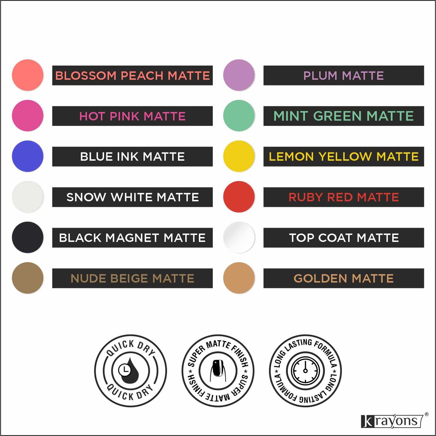 Krayons Cute Super Matte Finish Nail Enamel, Quick Dry, LongLasting, Multicolor, 6ml Each (Pack of 12)
