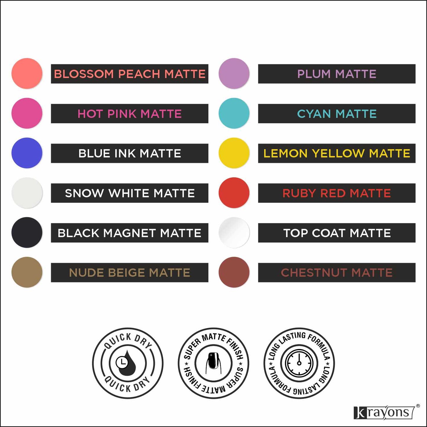 Krayons Cute Super Matte Finish Nail Enamel, Quick Dry, LongLasting, Multicolor, 6ml Each (Pack of 12)
