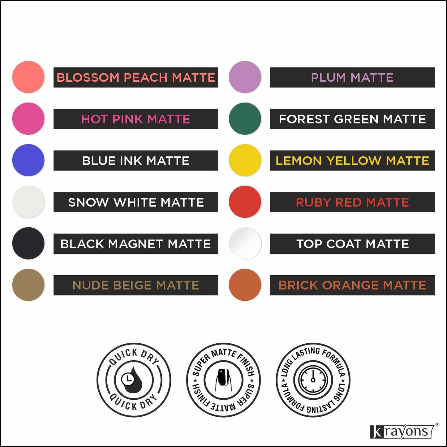 Krayons Cute Super Matte Finish Nail Enamel, Quick Dry, LongLasting, Multicolor, 6ml Each (Pack of 12)