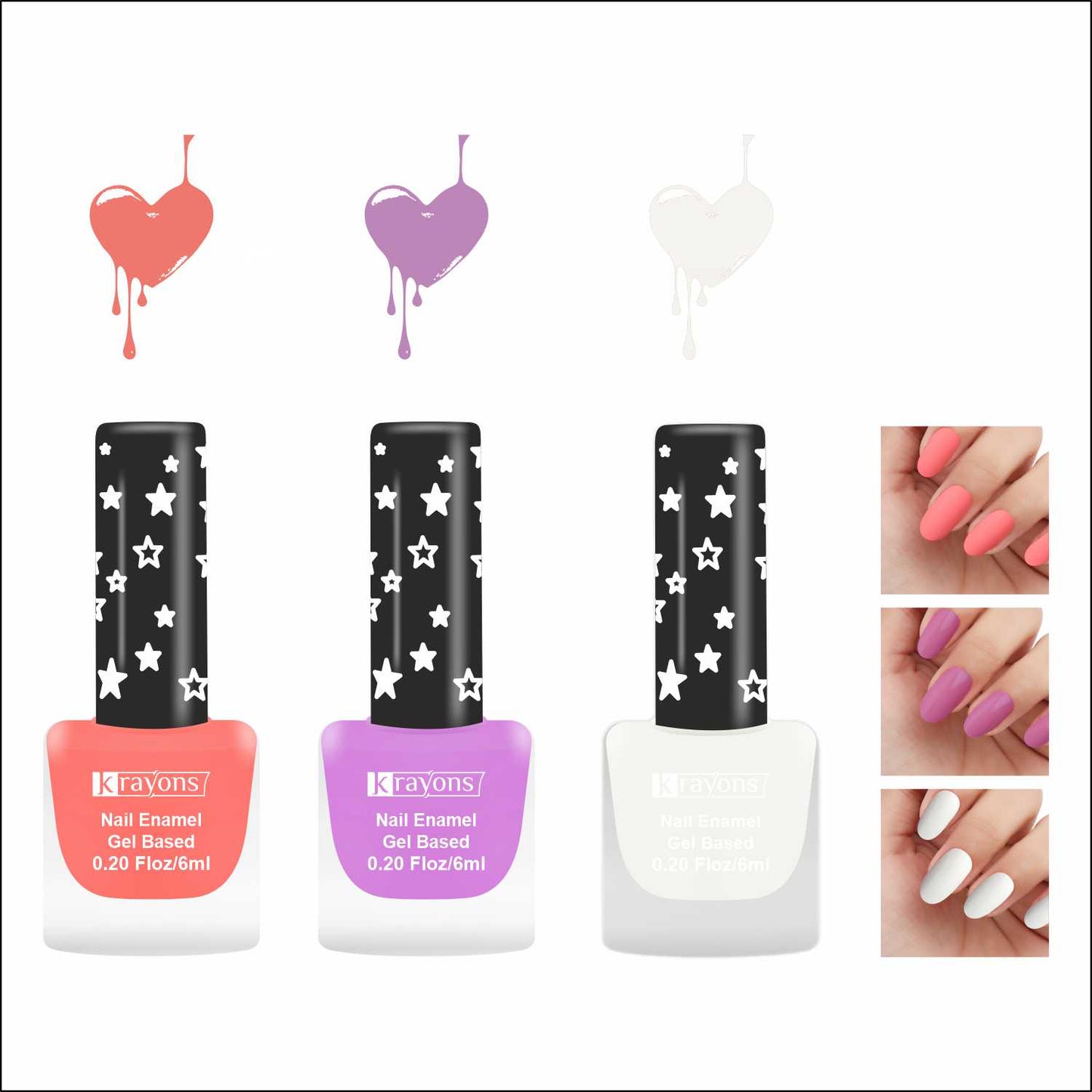 Krayons Cute Super Matte Finish Nail Enamel, Quick Dry, LongLasting, Blossom Peach, Plum Matte, Snow White, 6ml Each (Pack of 3)