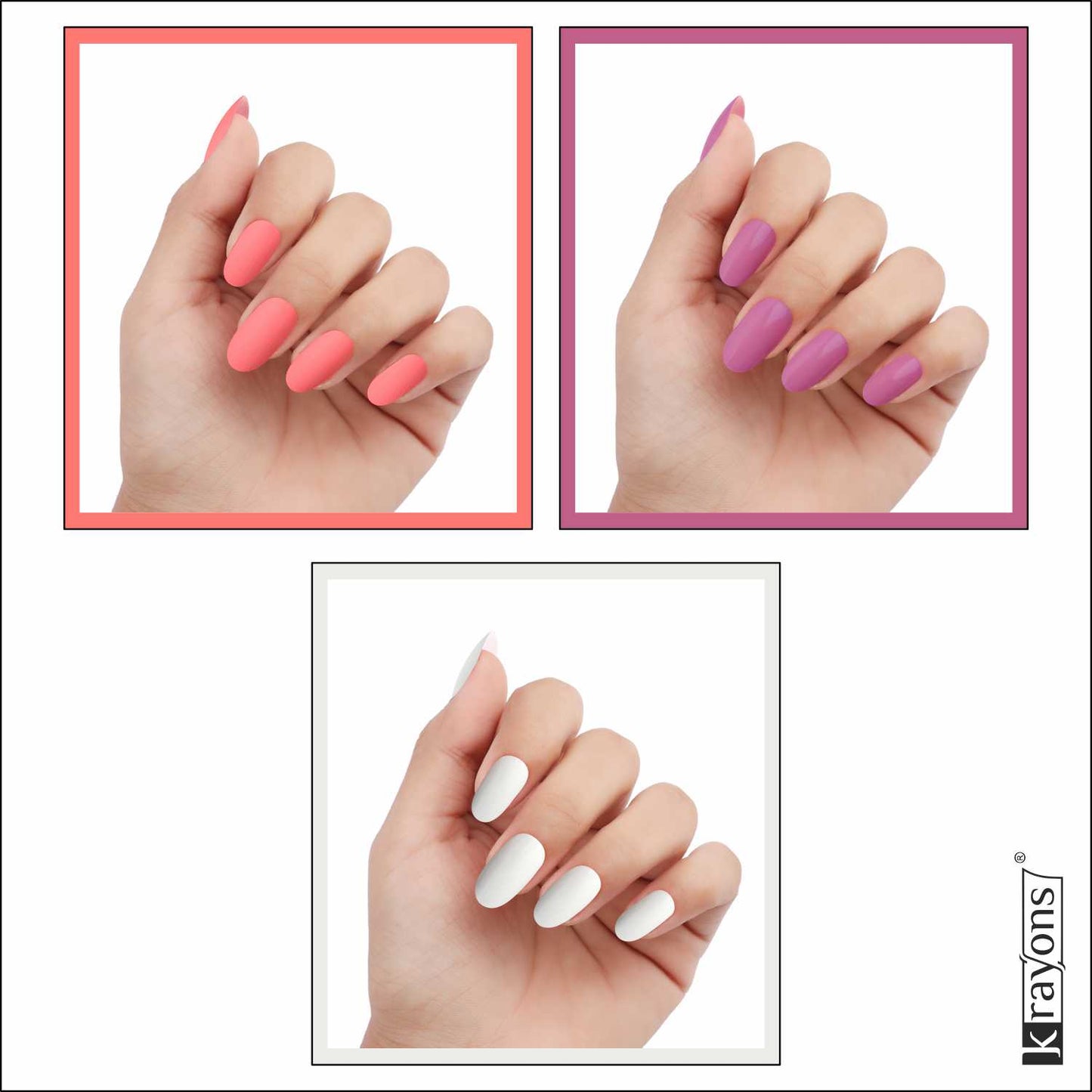 Krayons Cute Super Matte Finish Nail Enamel, Quick Dry, LongLasting, Blossom Peach, Plum Matte, Snow White, 6ml Each (Pack of 3)