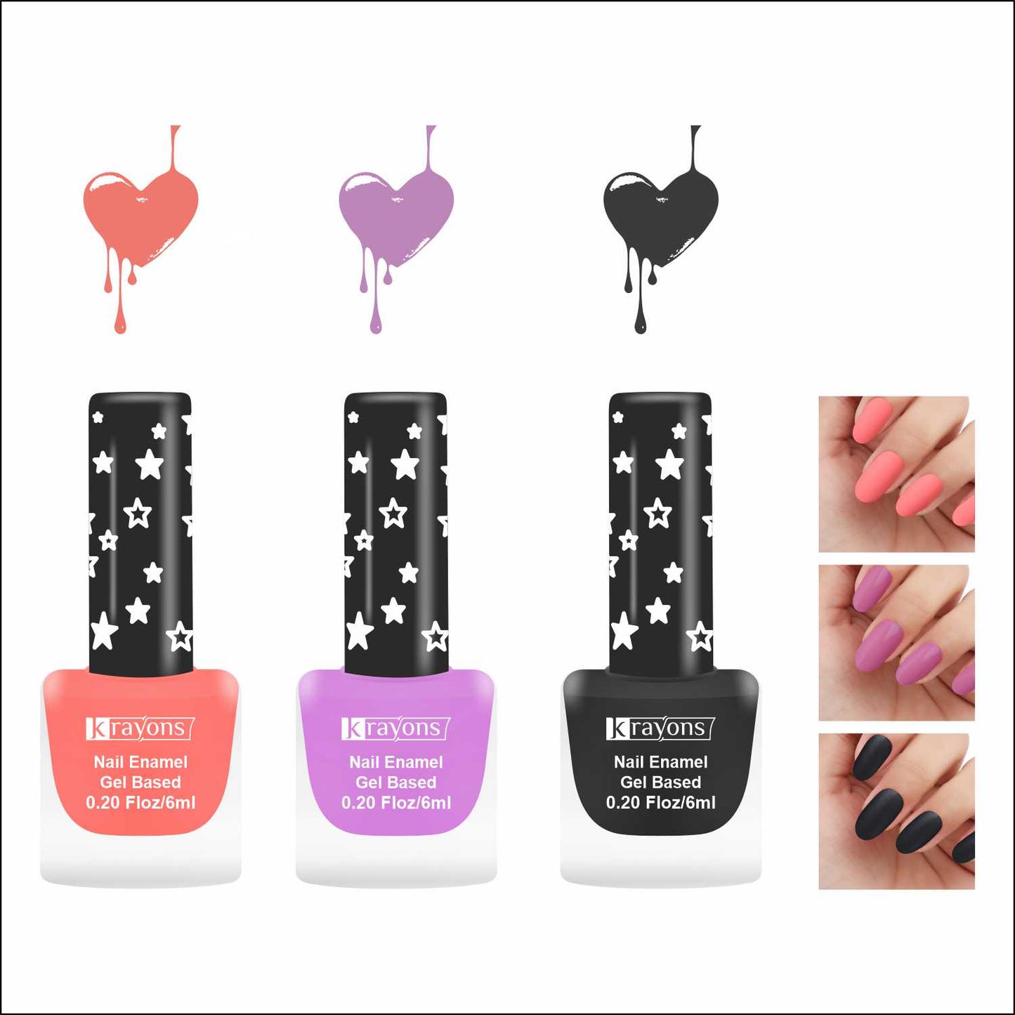 Krayons Cute Super Matte Finish Nail Enamel, Quick Dry, LongLasting, Blossom Peach, Plum Matte, Black Magnet, 6ml Each (Pack of 3)