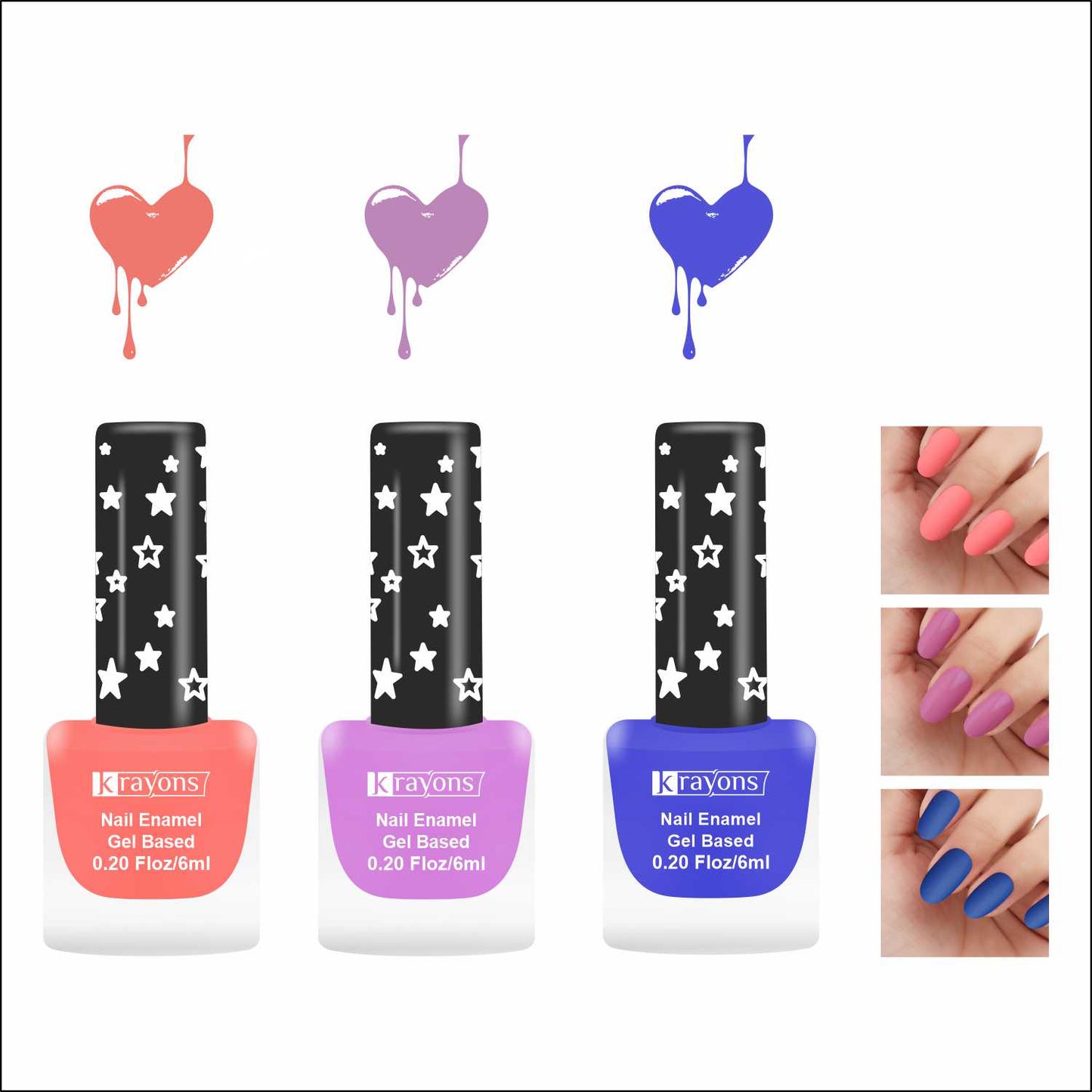 Krayons Cute Super Matte Finish Nail Enamel, Quick Dry, LongLasting, Blossom Peach, Plum Matte, Blue Ink, 6ml Each (Pack of 3)