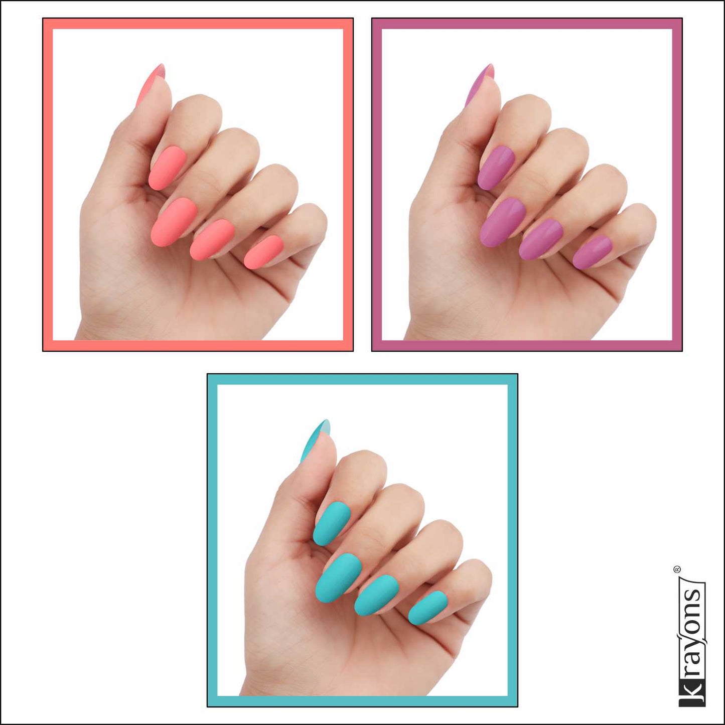 Krayons Cute Super Matte Finish Nail Enamel, Quick Dry, LongLasting, Blossom Peach, Plum Matte, Cyan Matte, 6ml Each (Pack of 3)