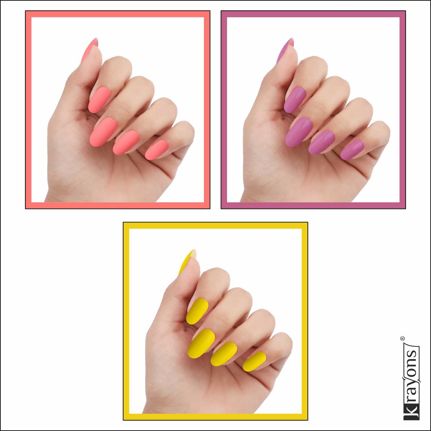 Krayons Cute Super Matte Finish Nail Enamel, Quick Dry, LongLasting, Blossom Peach, Plum Matte, Lemon Yellow, 6ml Each (Pack of 3)