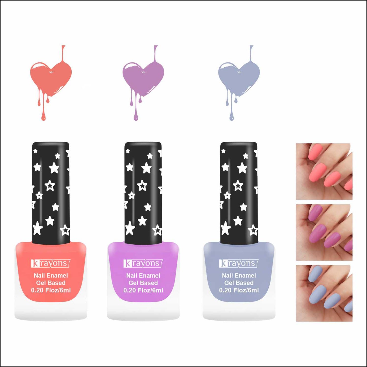 Krayons Cute Super Matte Finish Nail Enamel, Quick Dry, LongLasting, Blossom Peach, Plum Matte, Ice Matte, 6ml Each (Pack of 3)