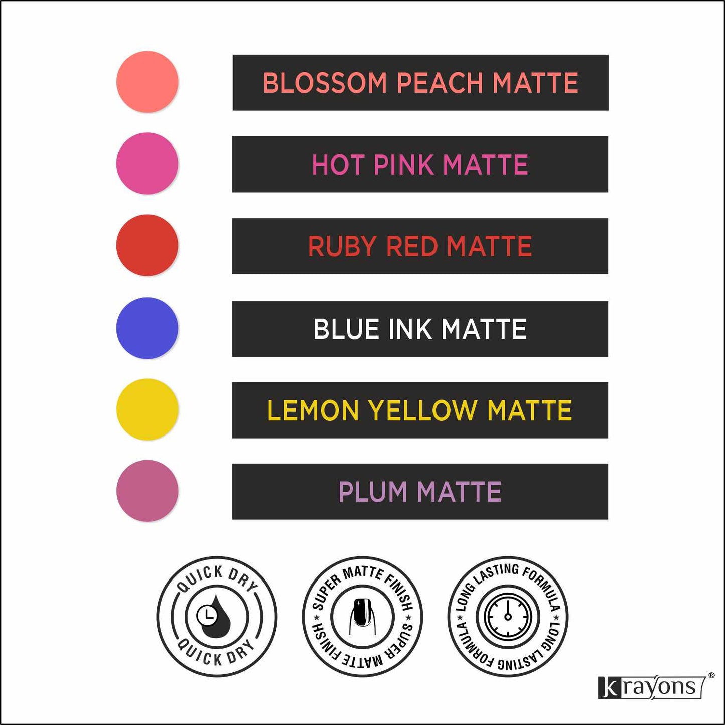 Krayons Cute Super Matte Finish Nail Enamel, Quick Dry, LongLasting, Multicolor, 6ml Each (Pack of 6)