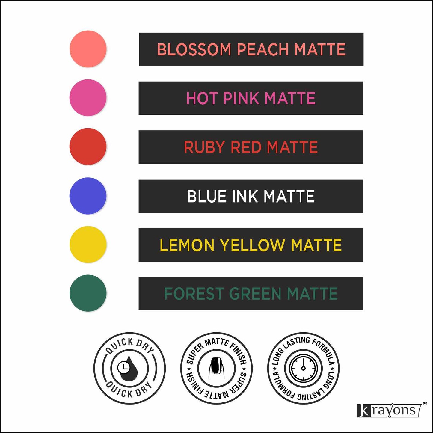 Krayons Cute Super Matte Finish Nail Enamel, Quick Dry, LongLasting, Multicolor, 6ml Each (Pack of 6)