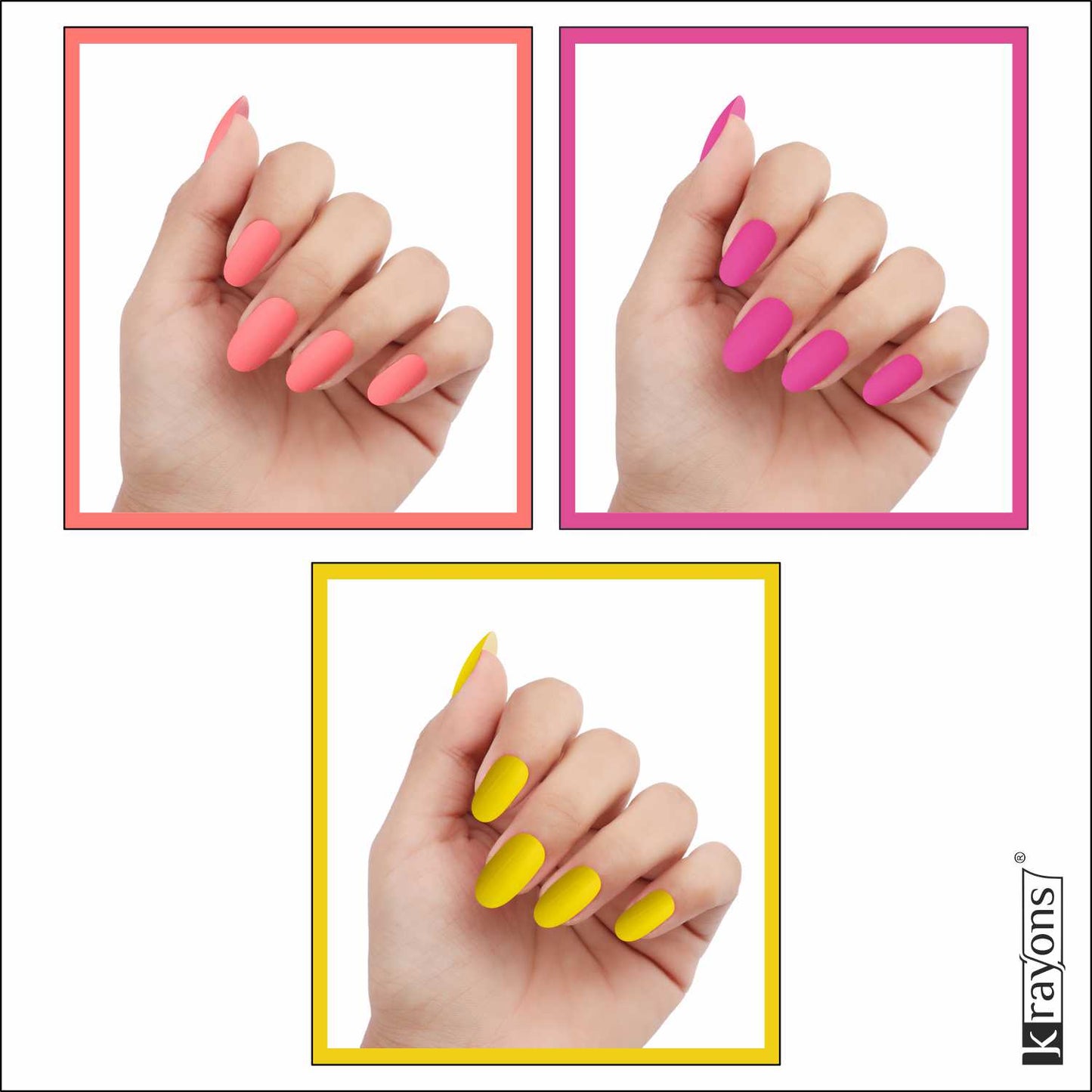 Krayons Cute Super Matte Finish Nail Enamel, Quick Dry, LongLasting, Blossom Peach, Hot Pink, Lemon Yellow, 6ml Each (Pack of 3)