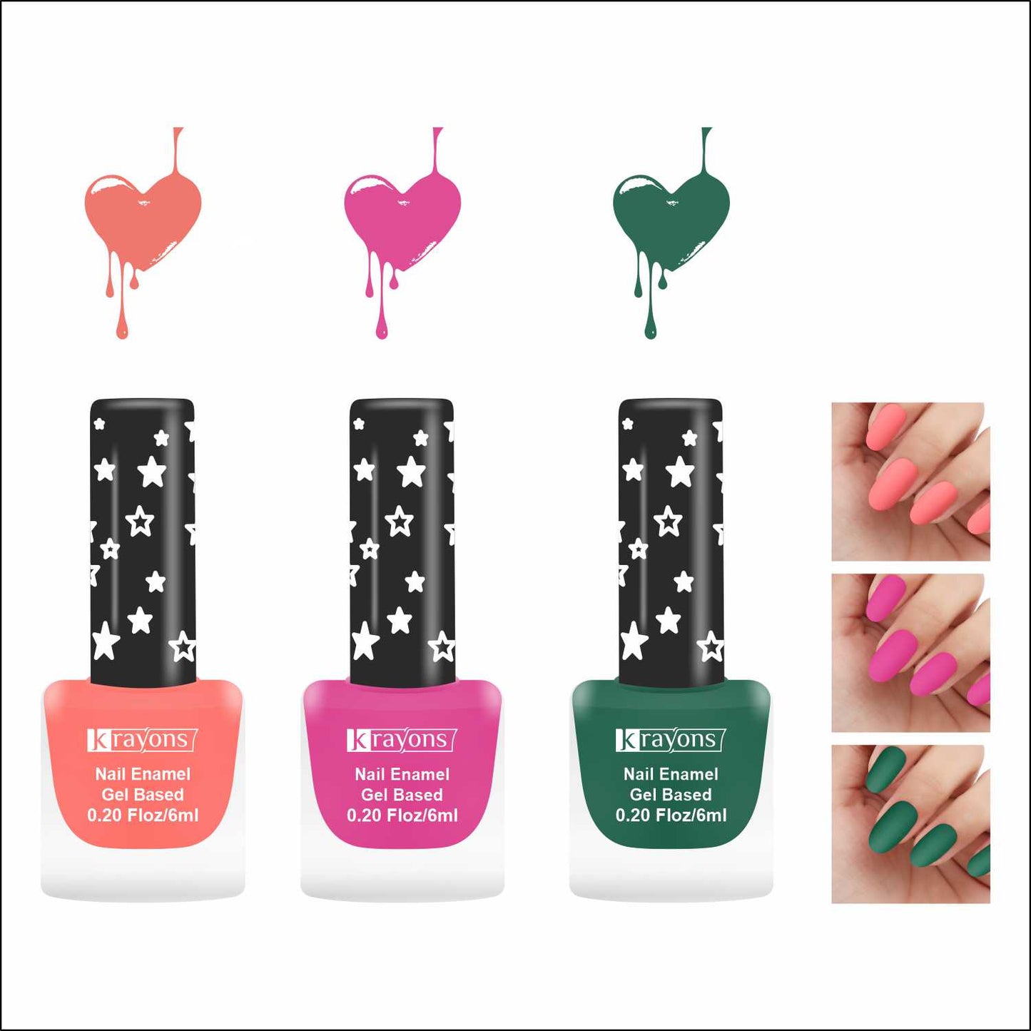 Krayons Cute Super Matte Finish Nail Enamel, Quick Dry, LongLasting, Blossom Peach, Hot Pink, Forest Green, 6ml Each (Pack of 3)