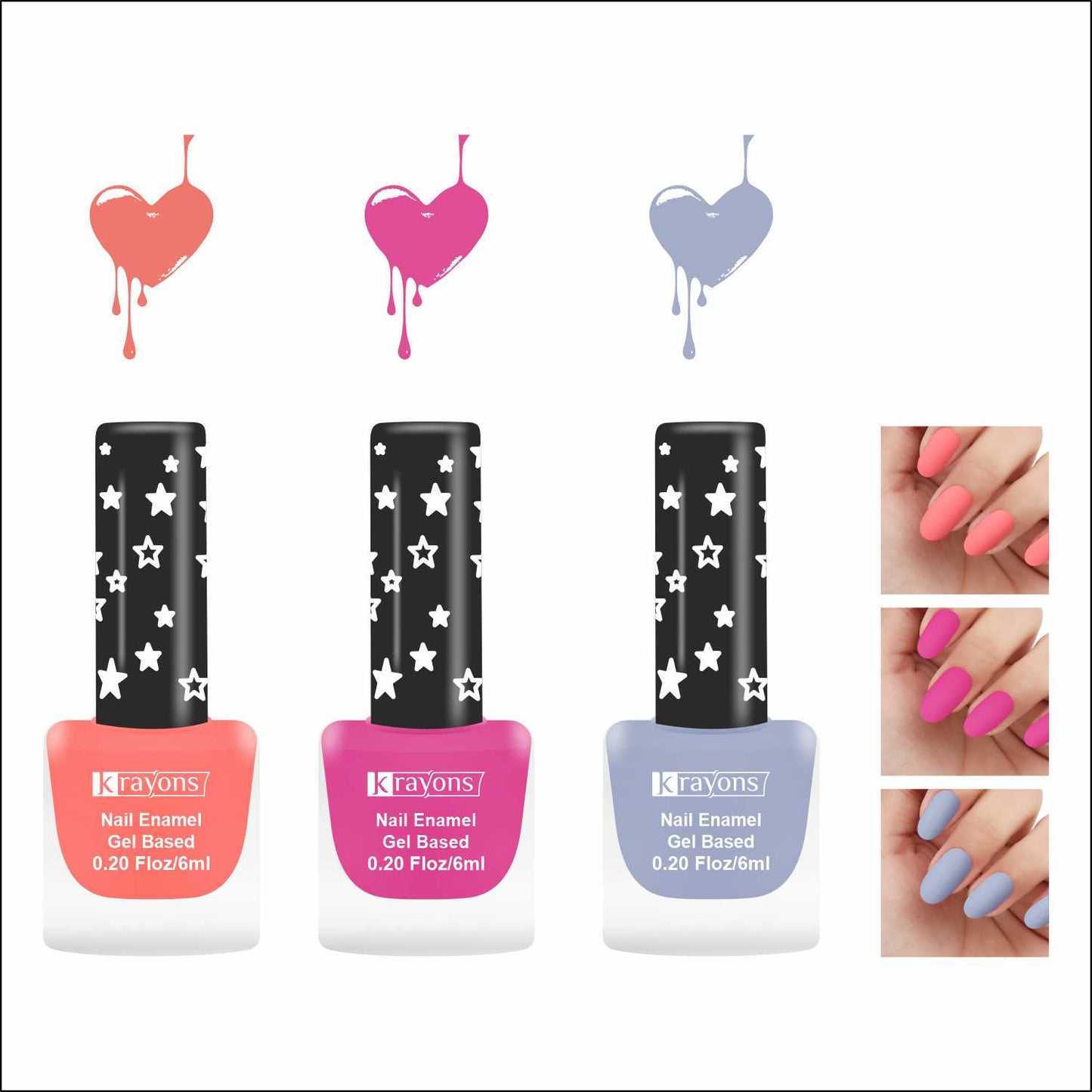 Krayons Cute Super Matte Finish Nail Enamel, Quick Dry, LongLasting, Blossom Peach, Hot Pink, Ice Matte, 6ml Each (Pack of 3)