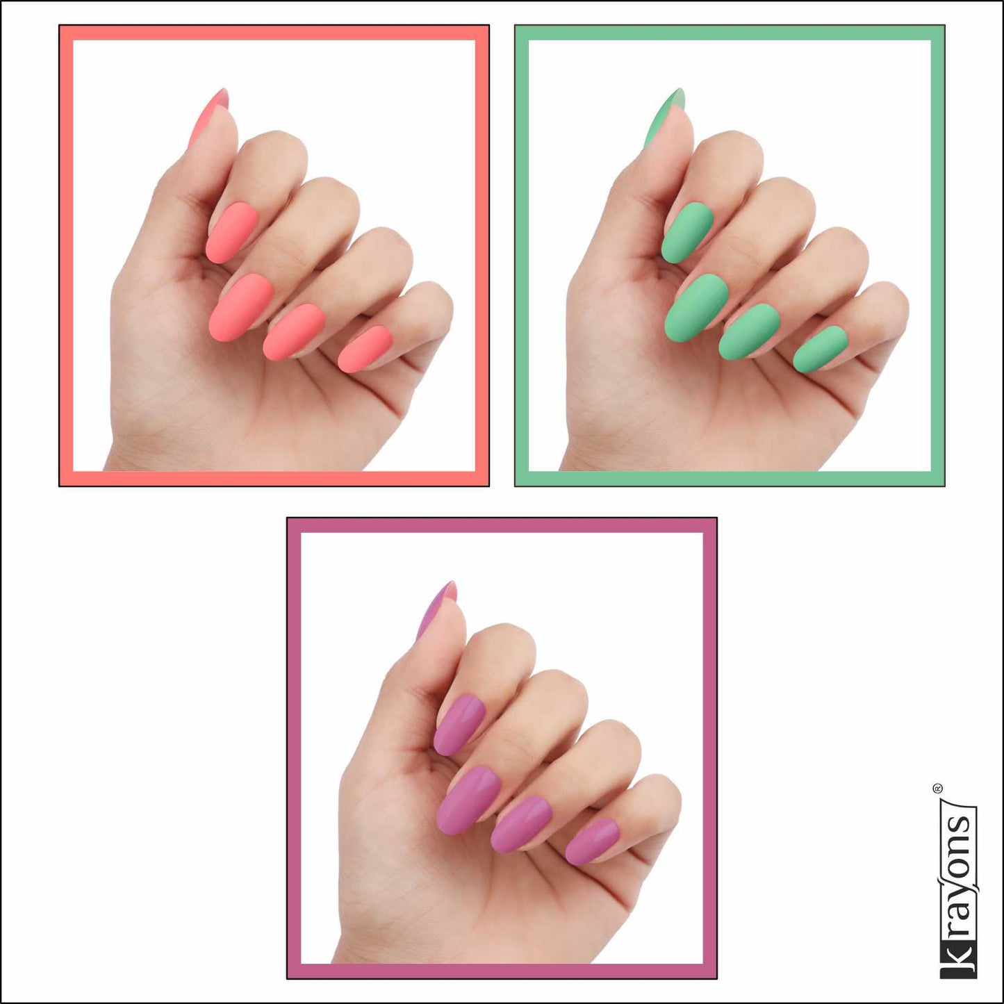 Krayons Cute Super Matte Finish Nail Enamel, Quick Dry, LongLasting, Blossom Peach, Mint Green, Plum Matte, 6ml Each (Pack of 3)