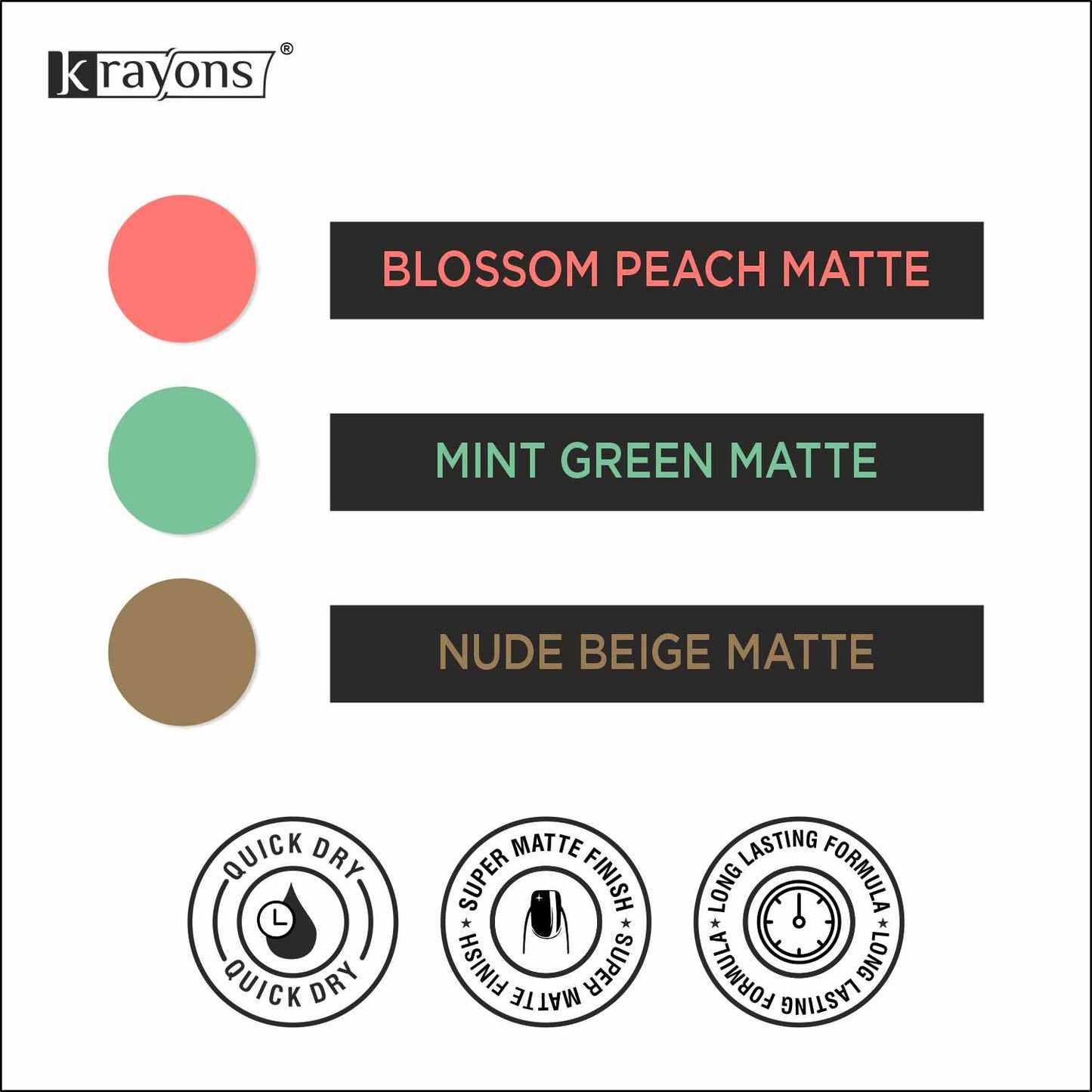 Krayons Cute Super Matte Finish Nail Enamel, Quick Dry, LongLasting, Blossom Peach, Mint Green, Nude Beige, 6ml Each (Pack of 3)