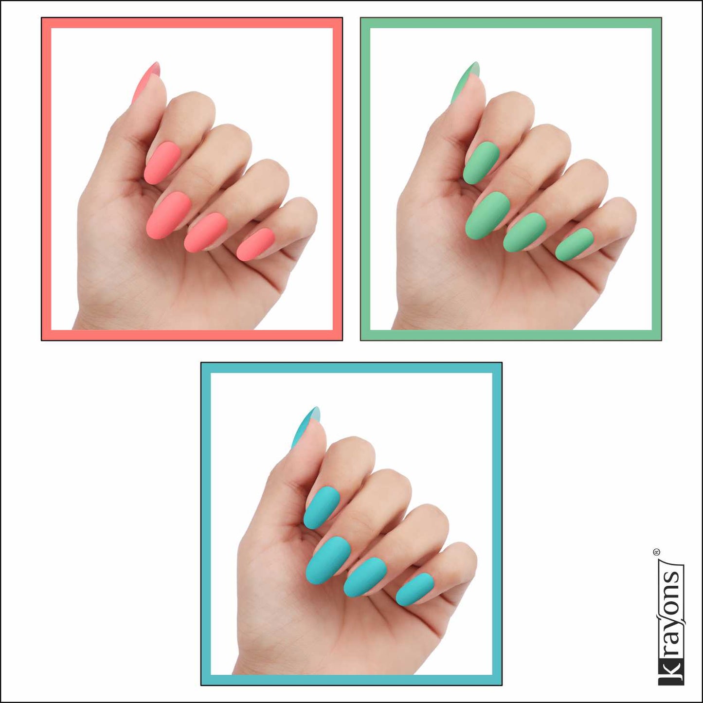Krayons Cute Super Matte Finish Nail Enamel, Quick Dry, LongLasting, Blossom Peach, Mint Green, Cyan Matte, 6ml Each (Pack of 3)
