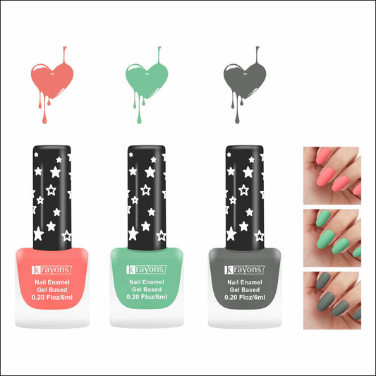 Krayons Cute Super Matte Finish Nail Enamel, Quick Dry, LongLasting, Blossom Peach, Mint Green, Charcoal Grey, 6ml Each (Pack of 3)