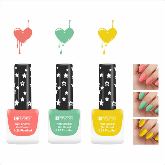 Krayons Cute Super Matte Finish Nail Enamel, Quick Dry, LongLasting, Blossom Peach, Mint Green, Lemon Yellow, 6ml Each (Pack of 3)