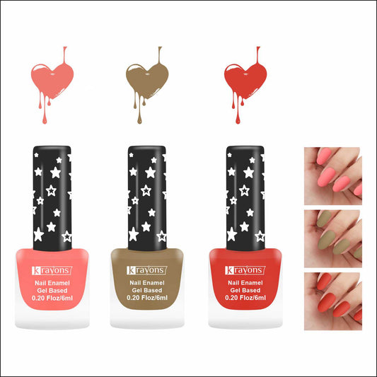 Krayons Cute Super Matte Finish Nail Enamel, Quick Dry, LongLasting, Blossom Peach, Nude Beige, Ruby Red, 6ml Each (Pack of 3)