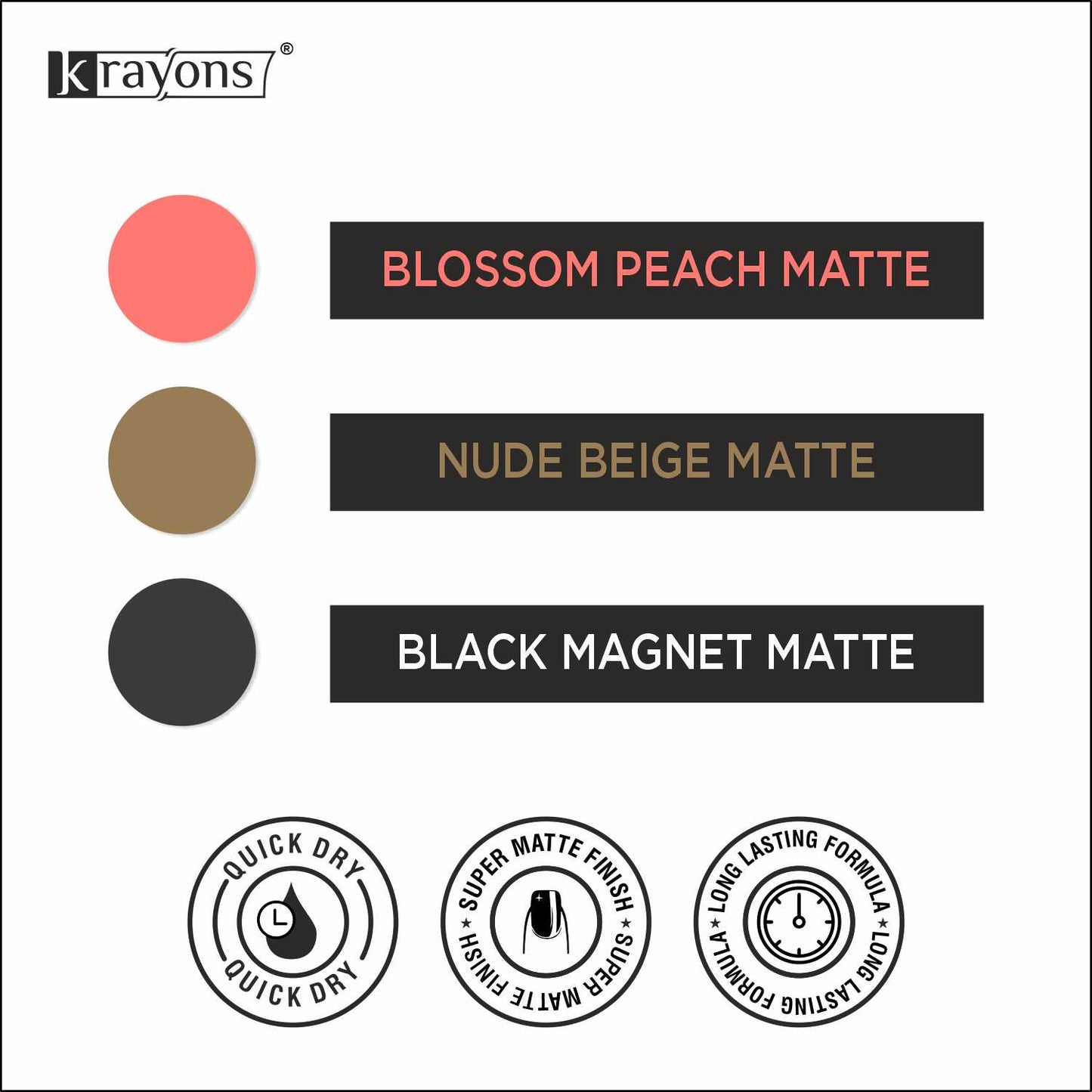 Krayons Cute Super Matte Finish Nail Enamel, Quick Dry, LongLasting, Blossom Peach, Nude Beige, Black Magnet, 6ml Each (Pack of 3)