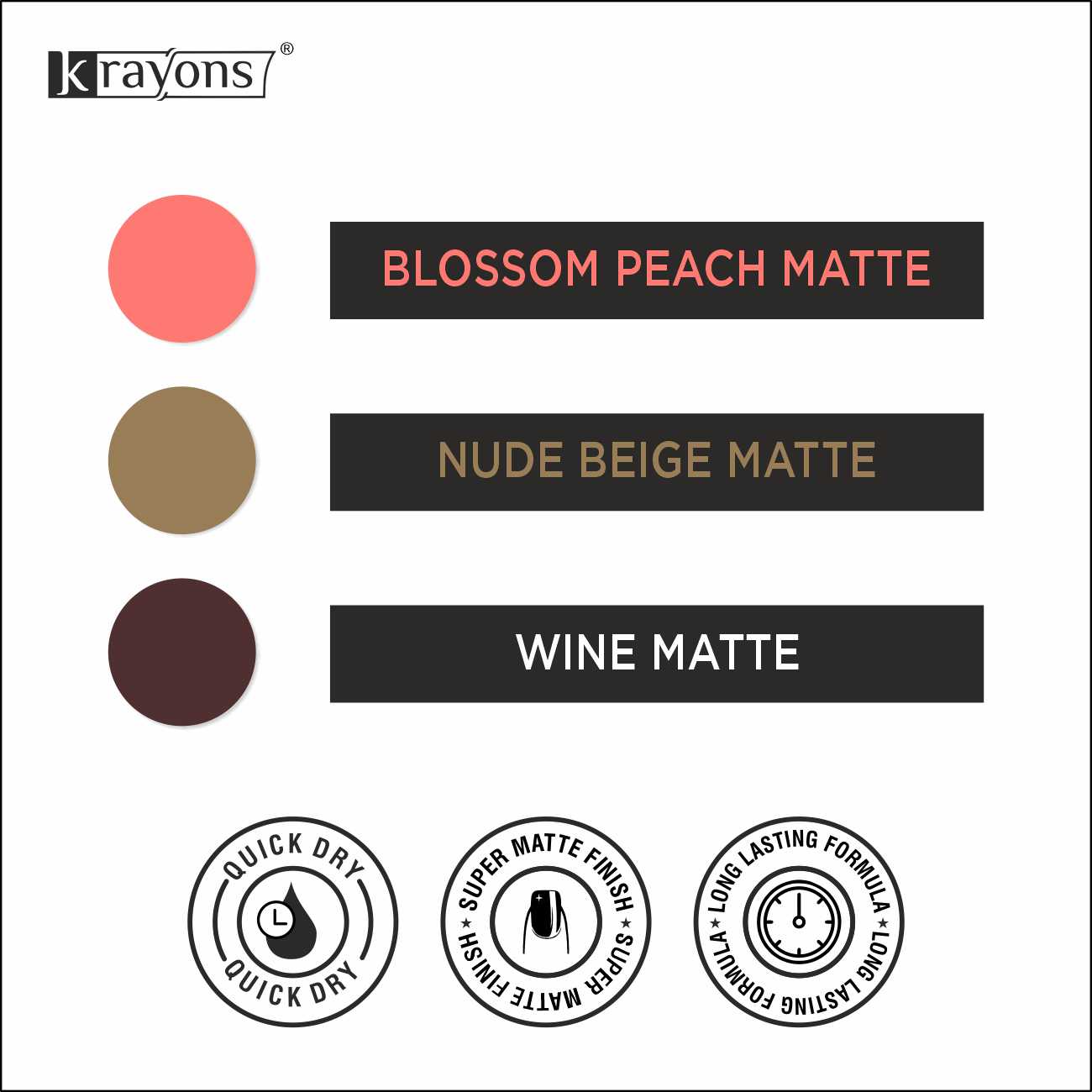 Krayons Cute Super Matte Finish Nail Enamel, Quick Dry, LongLasting, Blossom Peach, Nude Beige, Wine Matte, 6ml Each (Pack of 3)