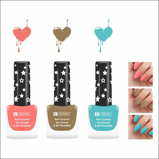 Krayons Cute Super Matte Finish Nail Enamel, Quick Dry, LongLasting, Blossom Peach, Nude Beige, Cyan Matte, 6ml Each (Pack of 3)