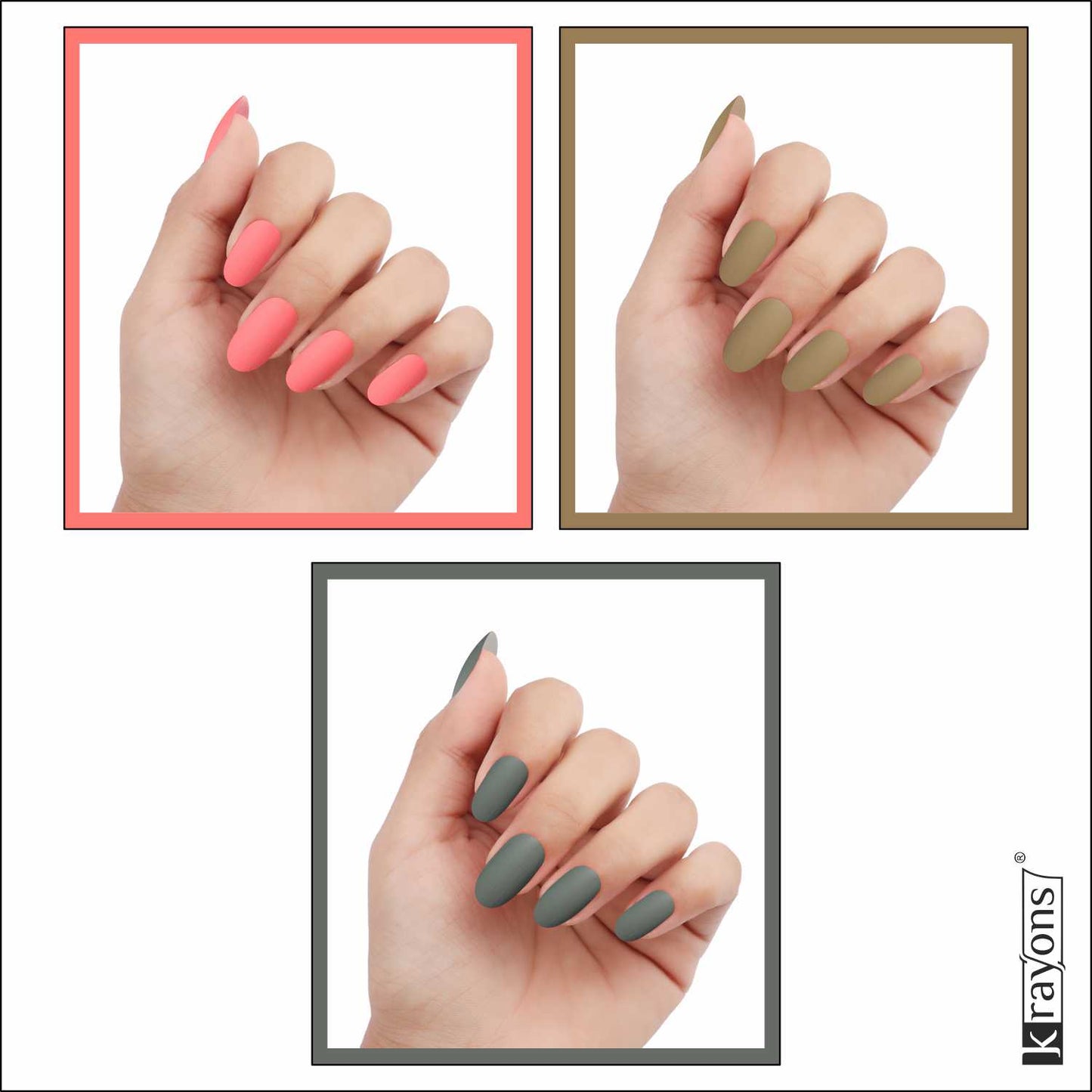 Krayons Cute Super Matte Finish Nail Enamel, Quick Dry, LongLasting, Blossom Peach, Nude Beige, Charcoal Grey, 6ml Each (Pack of 3)