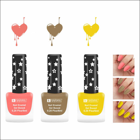 Krayons Cute Super Matte Finish Nail Enamel, Quick Dry, LongLasting, Blossom Peach, Nude Beige, Lemon Yellow, 6ml Each (Pack of 3)