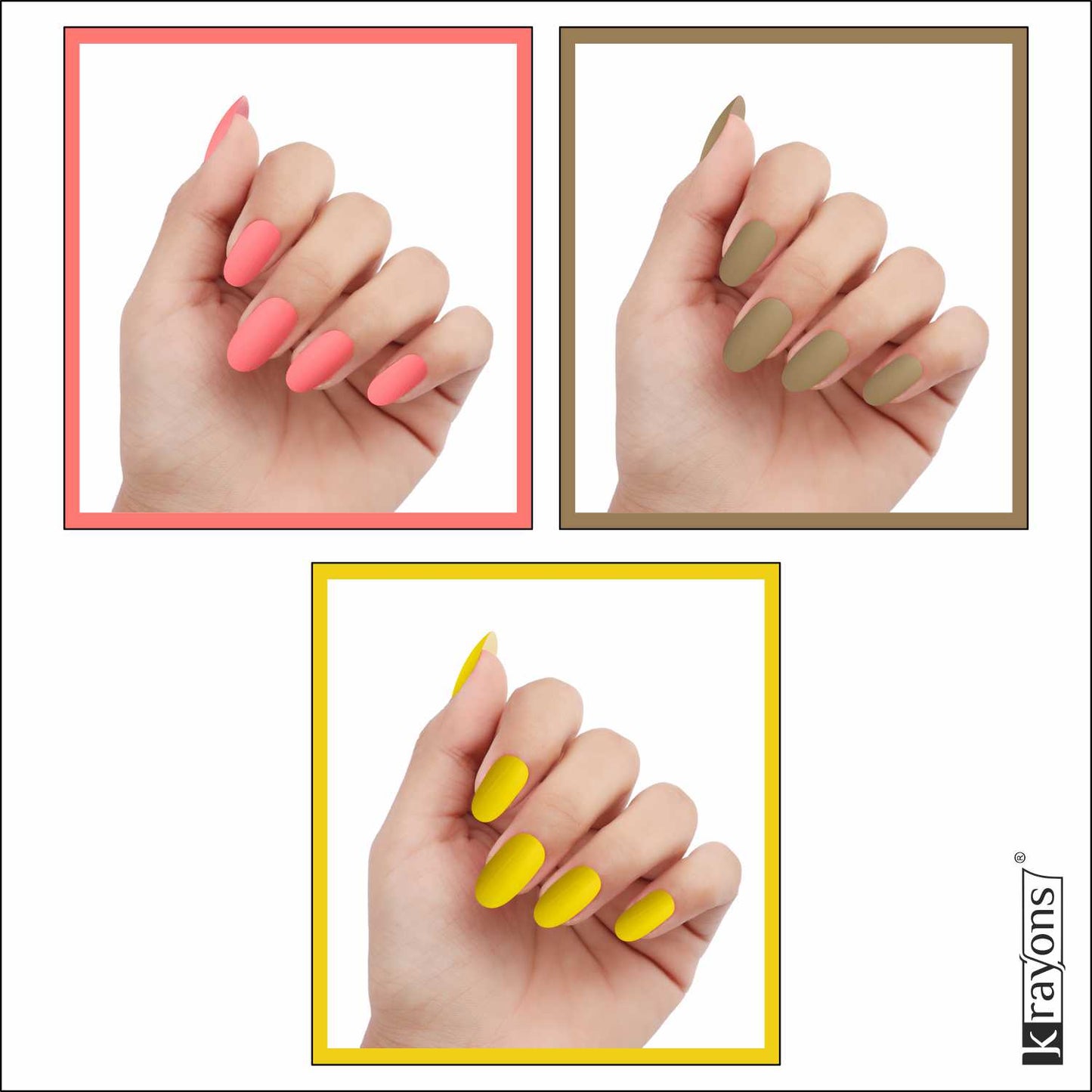 Krayons Cute Super Matte Finish Nail Enamel, Quick Dry, LongLasting, Blossom Peach, Nude Beige, Lemon Yellow, 6ml Each (Pack of 3)