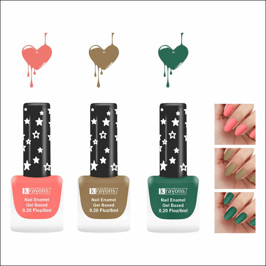 Krayons Cute Super Matte Finish Nail Enamel, Quick Dry, LongLasting, Blossom Peach, Nude Beige, Forest Green, 6ml Each (Pack of 3)