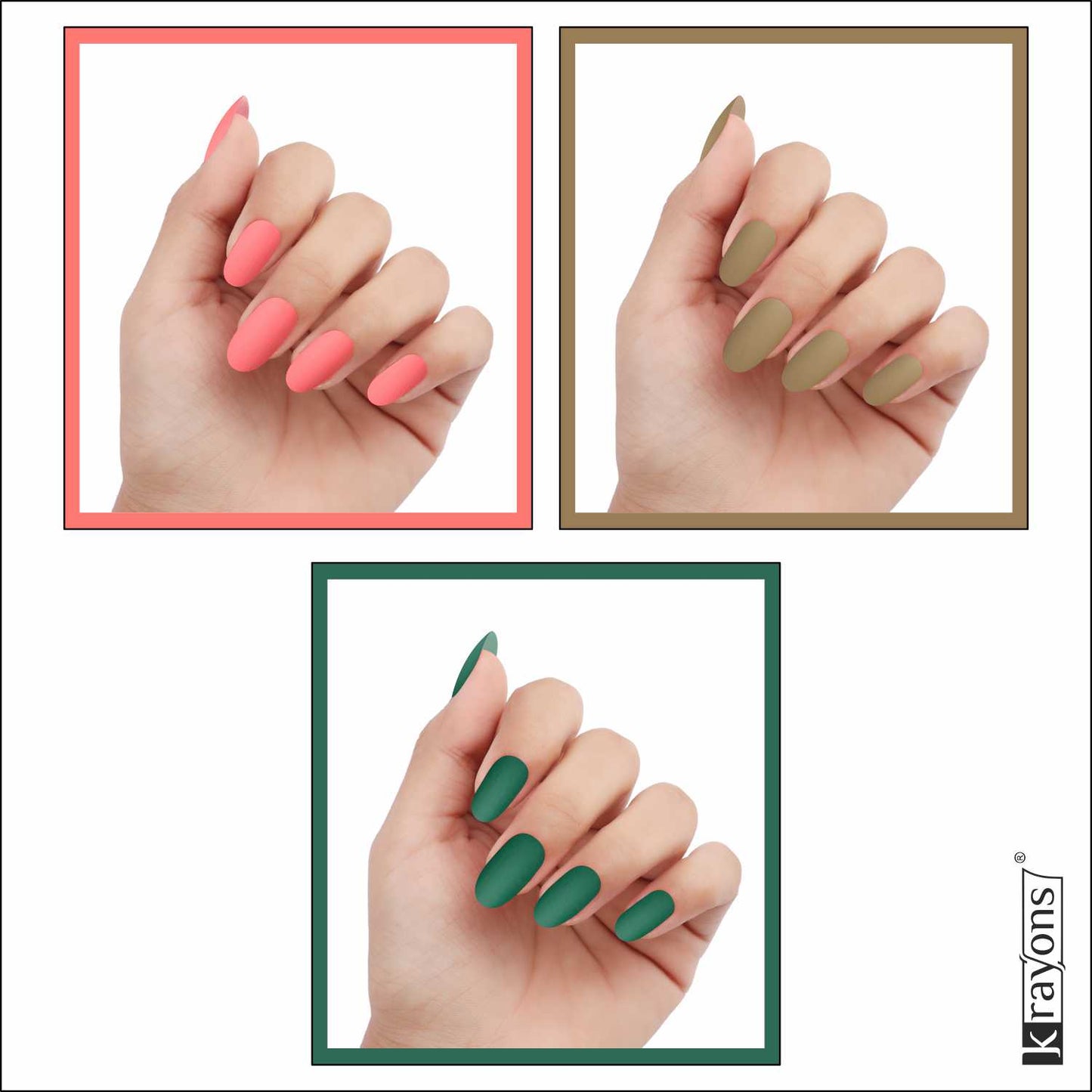 Krayons Cute Super Matte Finish Nail Enamel, Quick Dry, LongLasting, Blossom Peach, Nude Beige, Forest Green, 6ml Each (Pack of 3)