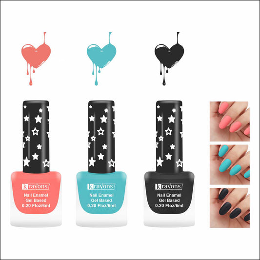 Krayons Cute Super Matte Finish Nail Enamel, Quick Dry, LongLasting, Blossom Peach, Cyan Matte, Black Magnet, 6ml Each (Pack of 3)