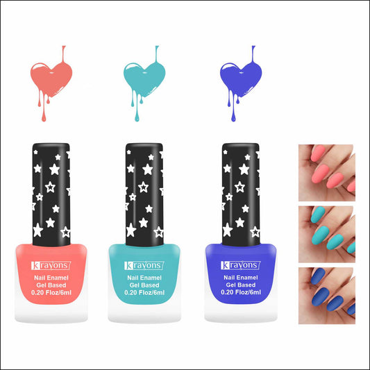 Krayons Cute Super Matte Finish Nail Enamel, Quick Dry, LongLasting, Blossom Peach, Cyan Matte, Blue Ink, 6ml Each (Pack of 3)