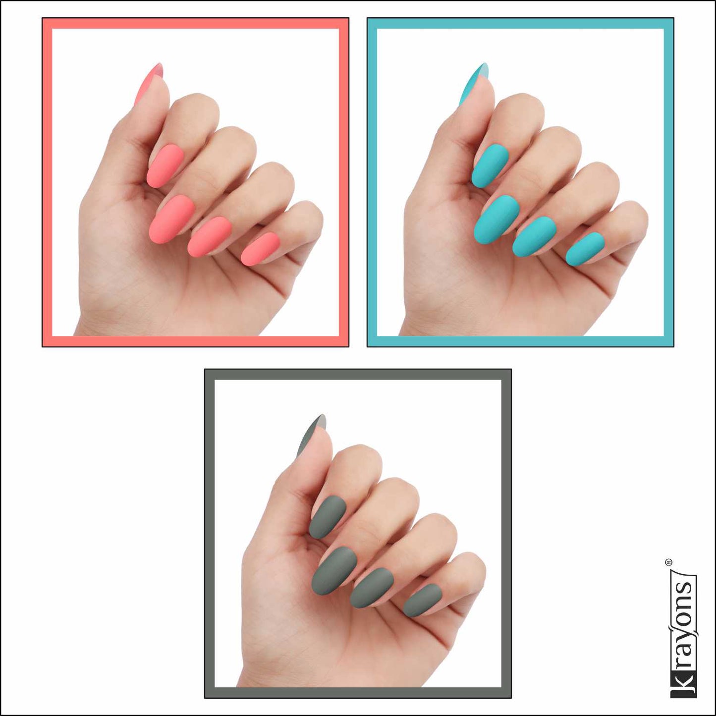 Krayons Cute Super Matte Finish Nail Enamel, Quick Dry, LongLasting, Blossom Peach, Cyan Matte, Charcoal Grey, 6ml Each (Pack of 3)