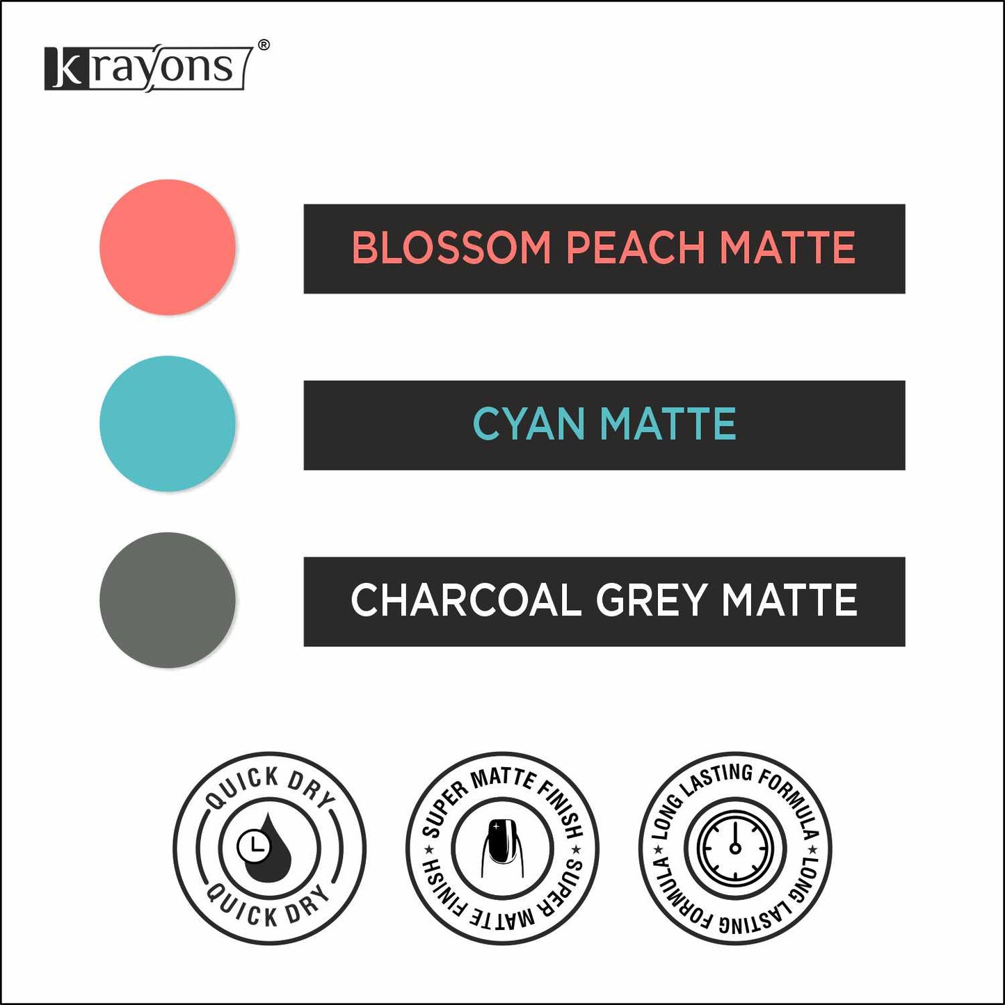 Krayons Cute Super Matte Finish Nail Enamel, Quick Dry, LongLasting, Blossom Peach, Cyan Matte, Charcoal Grey, 6ml Each (Pack of 3)