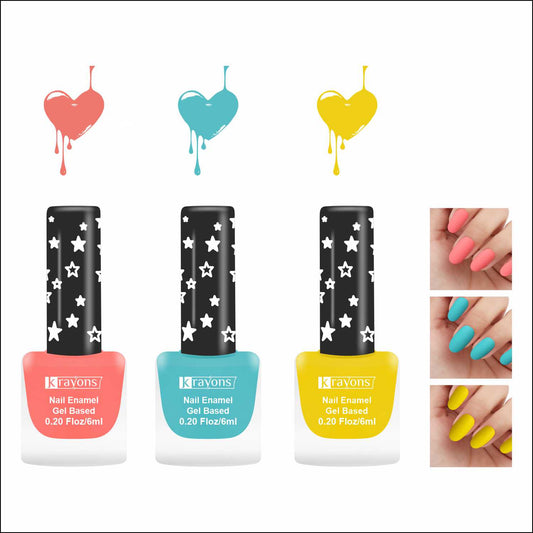 Krayons Cute Super Matte Finish Nail Enamel, Quick Dry, LongLasting, Blossom Peach, Cyan Matte, Lemon Yellow, 6ml Each (Pack of 3)