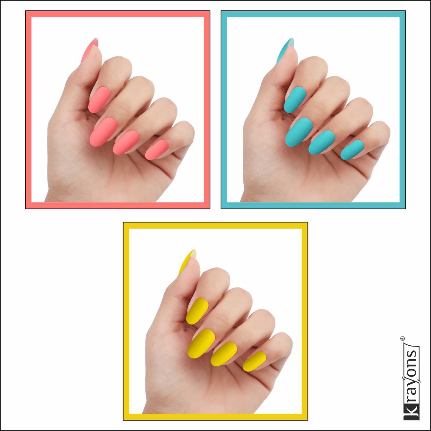 Krayons Cute Super Matte Finish Nail Enamel, Quick Dry, LongLasting, Blossom Peach, Cyan Matte, Lemon Yellow, 6ml Each (Pack of 3)