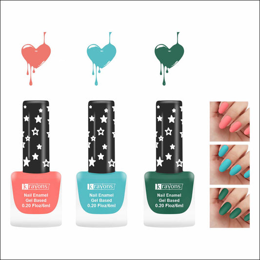 Krayons Cute Super Matte Finish Nail Enamel, Quick Dry, LongLasting, Blossom Peach, Cyan Matte, Forest Green, 6ml Each (Pack of 3)