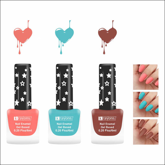 Krayons Cute Super Matte Finish Nail Enamel, Quick Dry, LongLasting, Blossom Peach, Cyan Matte, Chestnut Matte, 6ml Each (Pack of 3)