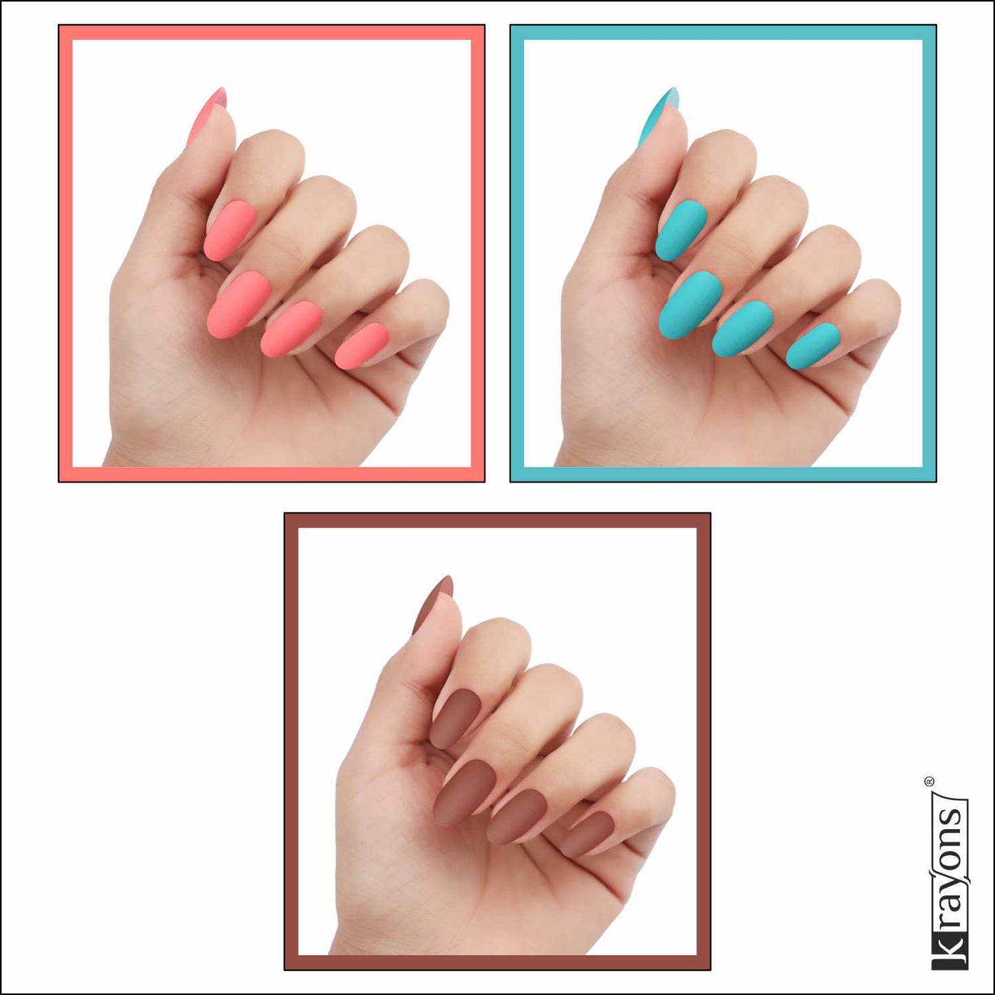 Krayons Cute Super Matte Finish Nail Enamel, Quick Dry, LongLasting, Blossom Peach, Cyan Matte, Chestnut Matte, 6ml Each (Pack of 3)