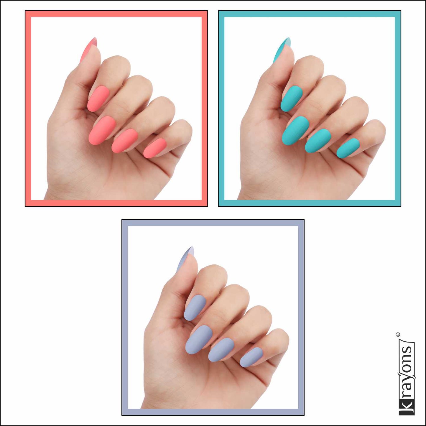 Krayons Cute Super Matte Finish Nail Enamel, Quick Dry, LongLasting, Blossom Peach, Cyan Matte, Ice Matte, 6ml Each (Pack of 3)