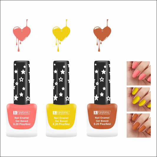 Krayons Cute Super Matte Finish Nail Enamel, Quick Dry, LongLasting, Blossom Peach, Lemon Yellow, Brick Orange, 6ml Each (Pack of 3)