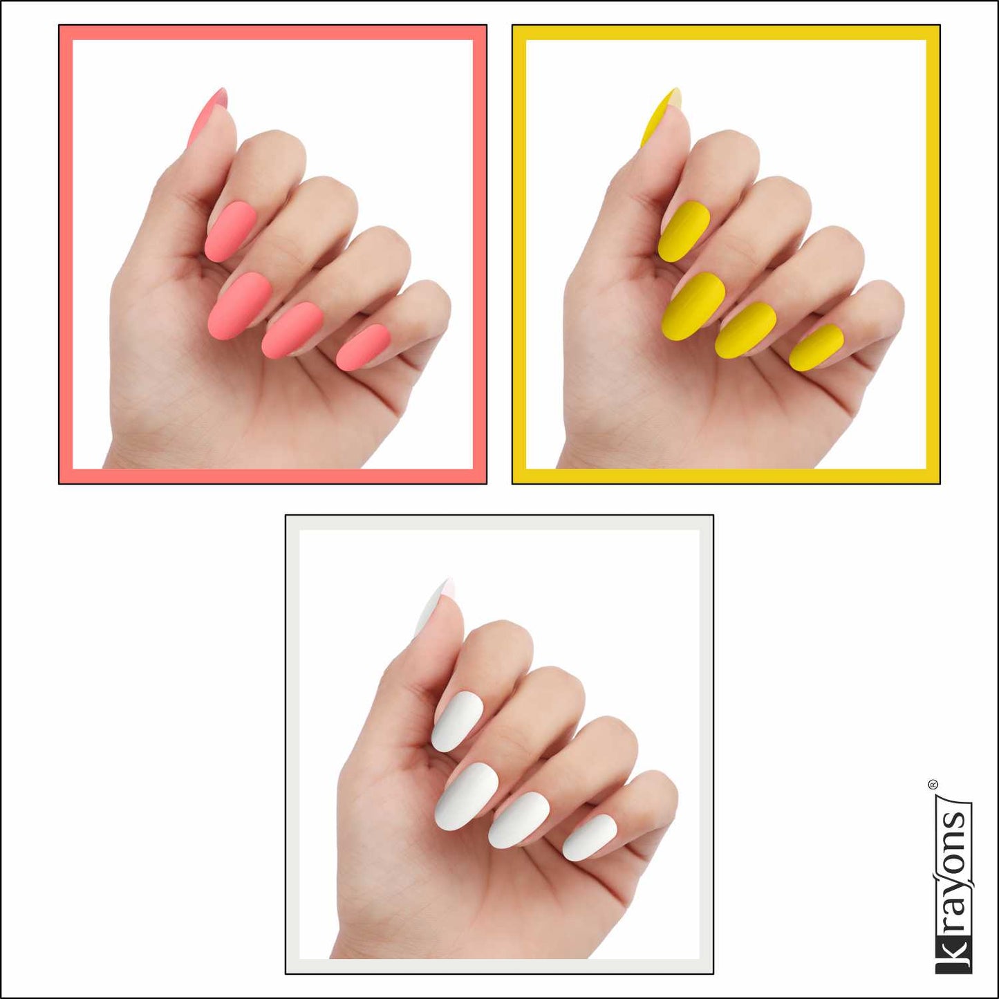 Krayons Cute Super Matte Finish Nail Enamel, Quick Dry, LongLasting, Blossom Peach, Lemon Yellow, Snow White, 6ml Each (Pack of 3)