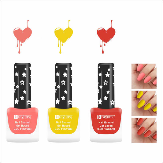 Krayons Cute Super Matte Finish Nail Enamel, Quick Dry, LongLasting, Blossom Peach, Lemon Yellow, Ruby Red, 6ml Each (Pack of 3)