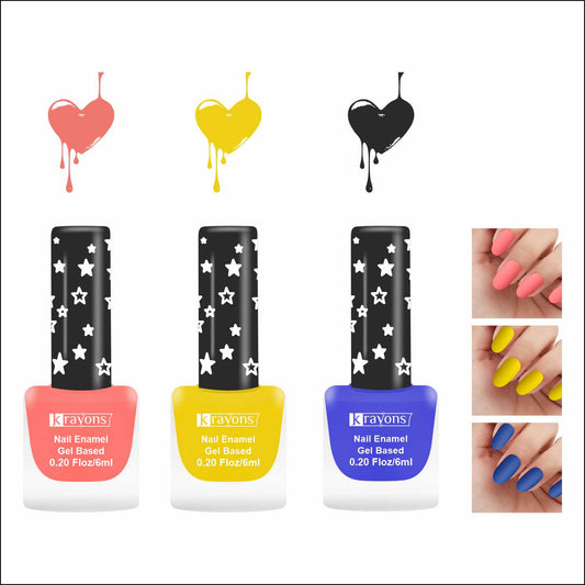 Krayons Cute Super Matte Finish Nail Enamel, Quick Dry, LongLasting, Blossom Peach, Lemon Yellow, Blue Ink, 6ml Each (Pack of 3)